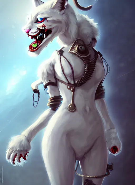 Image similar to wide angle beautiful full body portrait of a strong female damaged zombie anthropomorphic anthro white lynx fursona wearing a steampunk dress toothsome open mouth. character design by disney, anime, manga, charlie bowater, ross tran, artgerm, and makoto shinkai, detailed, soft lighting, rendered in octane