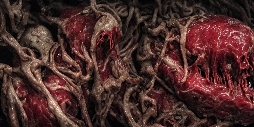 Prompt: a blood-oozing amorphous bloody meat blob composed of muscle, maimed limbs, malformed animal skulls, and writhing veins and intestines, lurking in the darkness in a dark corridor, cinematic, high-quality, in color