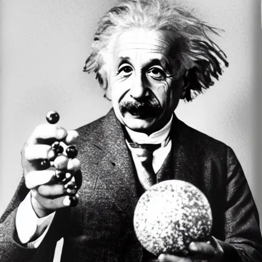 Image similar to einstein holding ( model of atom with metallic spheres ) in his hands, color