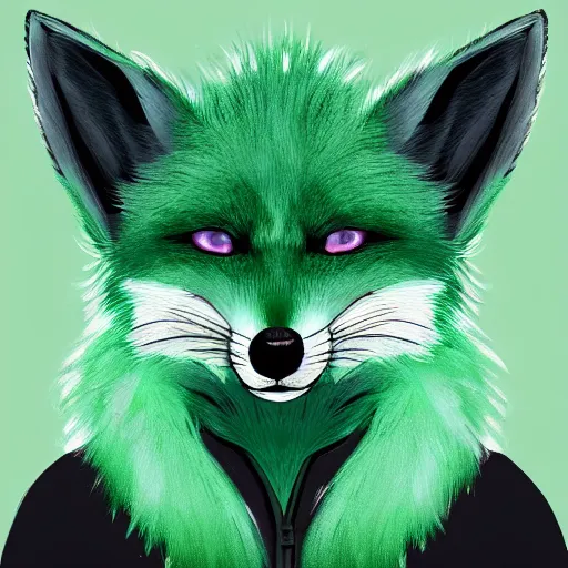 Prompt: photorealistic green fox with green fur and glowing magenta eyes, wearing a black hoodie