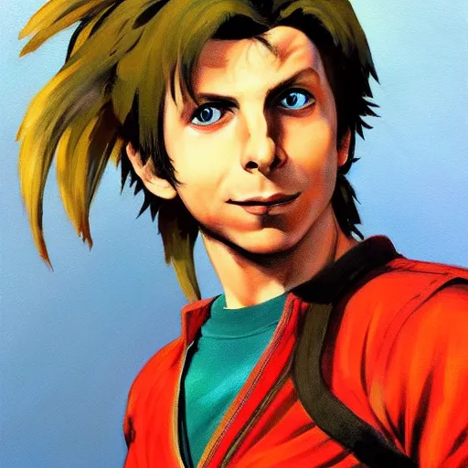 Image similar to michael cera as ken masters from street fighter, painting by frank frazetta, 4 k, ultra realistic, highly detailed,