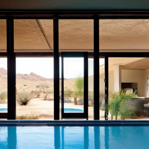 Image similar to modern desert pavlion interior looking out of large pivoting doors into expansive pool and vista with cacti