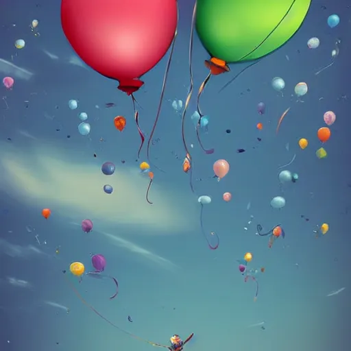 Image similar to plenty of floating birthday balloons. beautiful city. digital art, highly - detailed, artstation cgsociety masterpiece