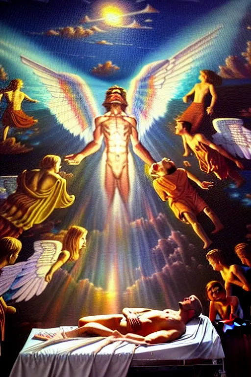 Prompt: a photorealistic detailed cinematic image of a man on his deathbed, overlooking weathered lifeless body, assisted to the afterlife by iridescent angels. fully restored, met by friends and family, overjoyed, emotional, compelling, by pinterest, david a. hardy, kinkade, lisa frank, wpa, public works mural, socialist