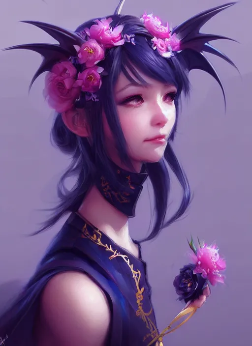 Image similar to cute little dragon flowers, blue black pink, gold, diamonds, highly detailed, artgerm, cushart krenz, artstation, soft light, sharp focus, illustration, character design, concept art