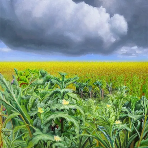 Image similar to ultra realistic painting of a cloudy sky over a field of alien plants, vegetables and flowers, 8 k