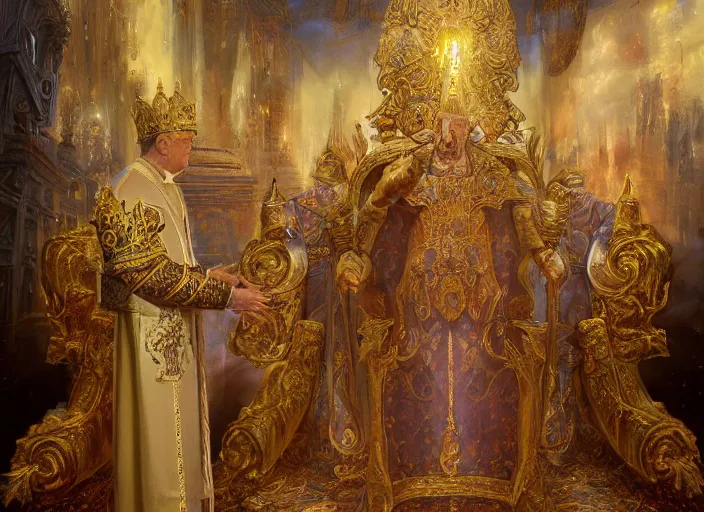 Image similar to kneeling before the pope, royal robe, gold trim, light effect, hyper detailed, intricate, atmospheric, elegant, photorealistic by paul lehr, marco mazzoni, featured on cgsociety, rococo, whimsical, artstation