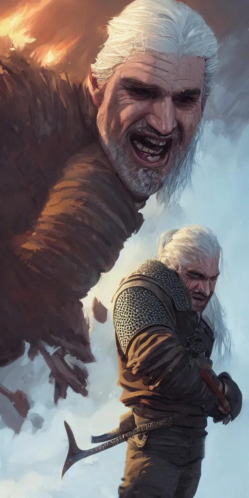 Image similar to Every Geralt Of Rivia ever laughing at you, Darek Zabrocki, Karlkka, Jayison Devadas, Phuoc Quan, trending on Artstation, 8K, ultra wide angle, pincushion lens effect