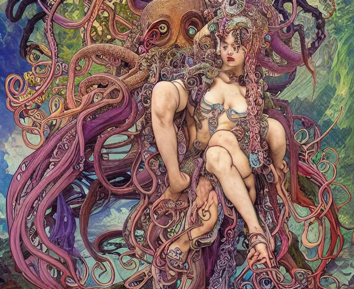 Image similar to portrait of an octopus goddess, full body shot, rule of thirds, wide angle, amazing landscape in background, fantasy, whimsical, horror, art by chengwei pan and alphonse mucha and josephine wall and amanda sage, intricately detailed, highly detailed, luxurious, elegant, clean, unsettling, trending on artstation