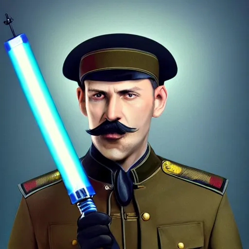 Prompt: character portrait of a russian man in khaki military tunic wearing black wool high hat with longest black moustache holding a blue lightsaber, medium shot, oncept art, global illumination, 4 k, hyper detailed, pixar animation style, 8 k, studio light, award winning, by artgerm, sylvain sarrailh, rossdraws, wlop, beautiful