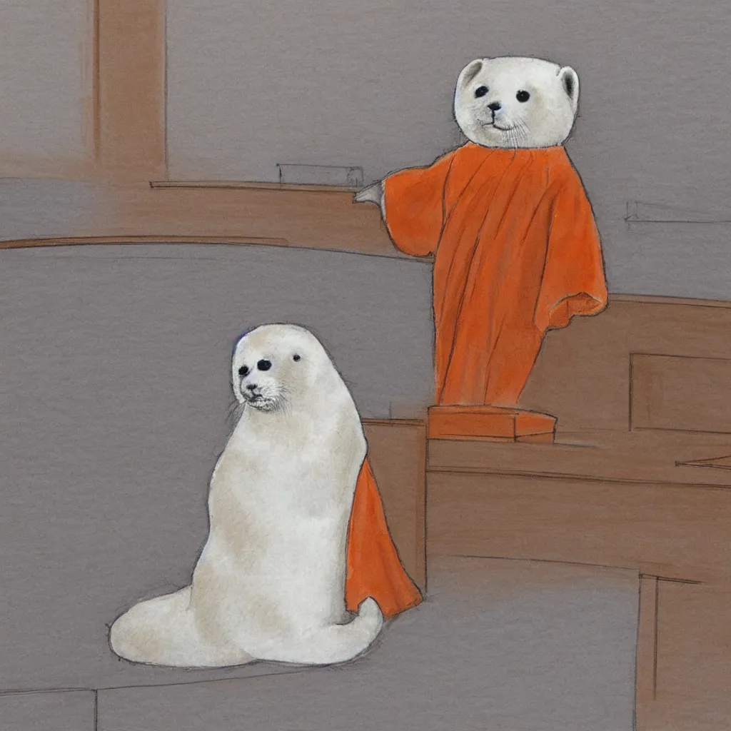 Prompt: one baby harp seal in an orange jumpsuit, sitting at the witness stand, courtroom sketch