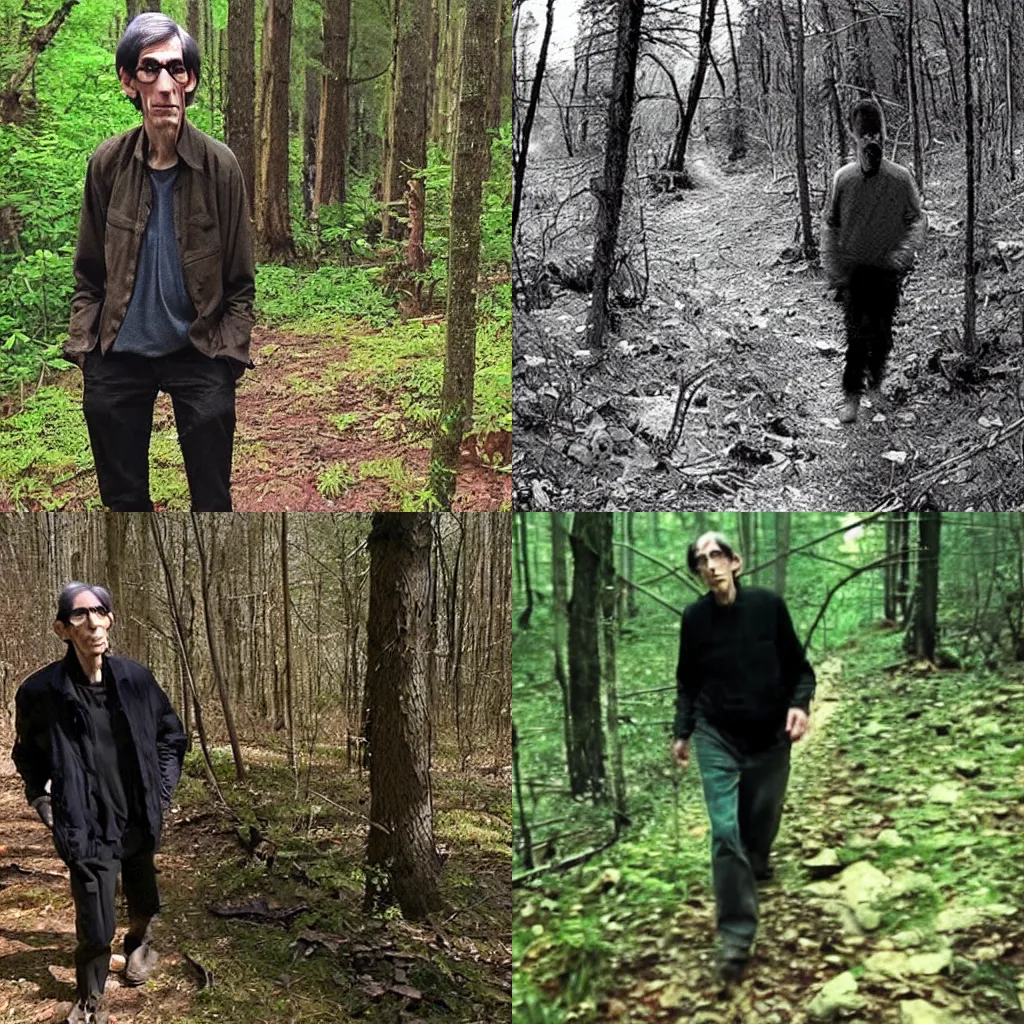 Prompt: trail cam footage of richard belzer, scary photo, cryptid, skinwalker