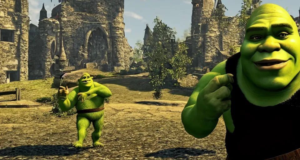 Prompt: Screenshot of Shrek from the film Shrek as a 3d NPC Wearing a black 3-piece tuxedo and sunglasses in the videogame 'Hitman 3' (2021). Beautiful environment. Gorgeous level. Sharpened. 4k. High-res. Ultra graphics settings.