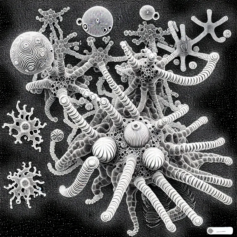 Image similar to a black and white drawing of a variety of sea life and filled with gundam mech equipment space station, a microscopic photo by ernst haeckel, zbrush central, kinetic pointillism, bioluminescence, intricate patterns, photoillustration