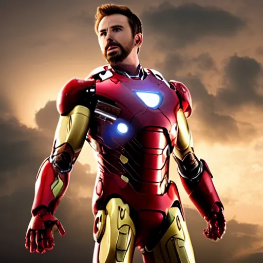 Image similar to Chris Evans in an iron man suit, 8k ultra hd, hyper detailed