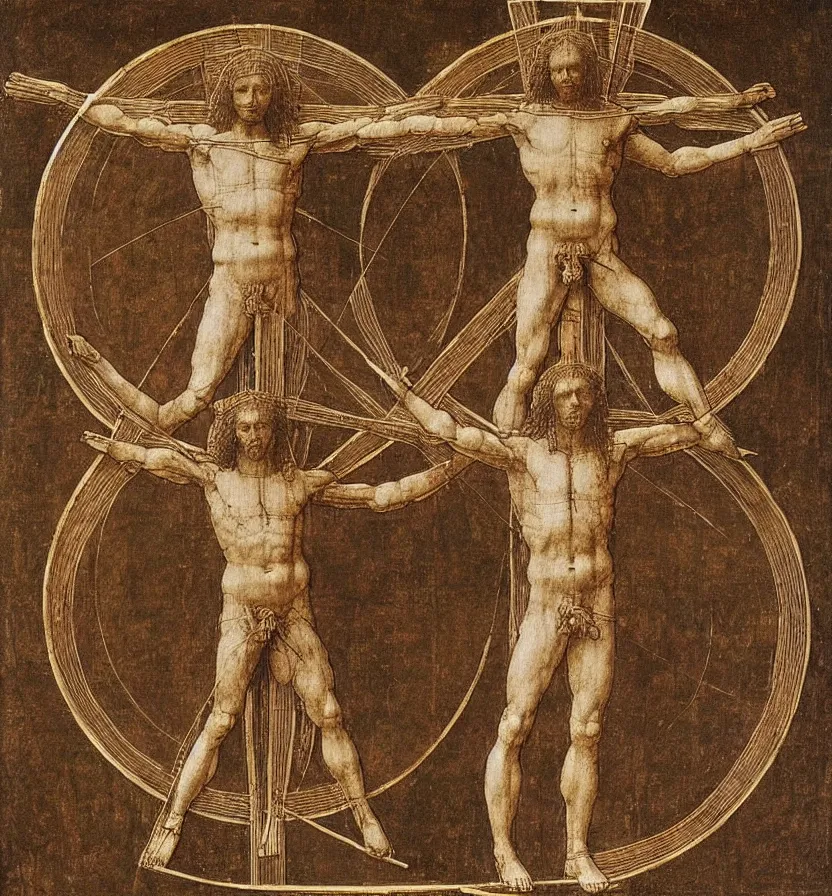 Image similar to Leonardo da Vinci\'s Vitruvian Man crucified on a cross