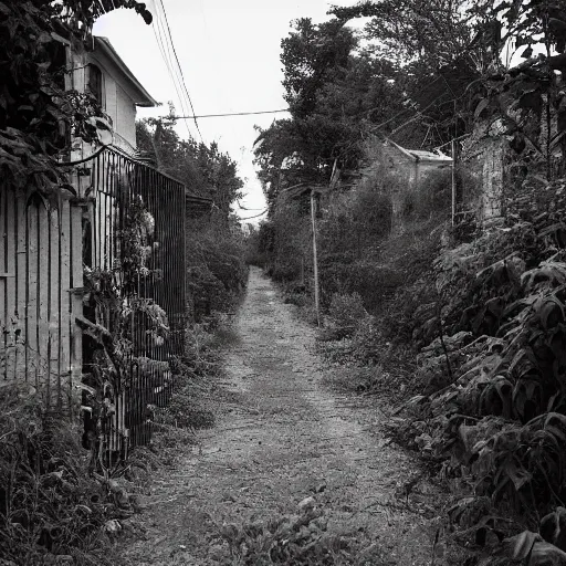 Image similar to liminal poor neighborhood, overgrown, photo taken from the street