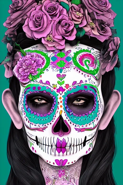 Image similar to illustration of a sugar skull day of the dead girl, art by lixin yin