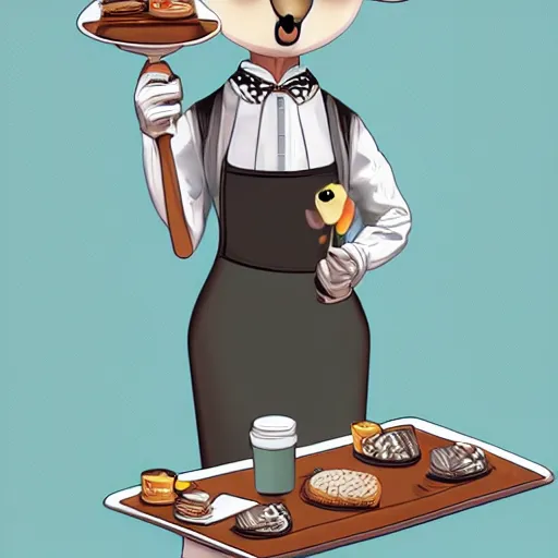 Image similar to beautiful female sheep anthropomorphic working as a waitress, cartoon, digital art, full character, high detail drawing