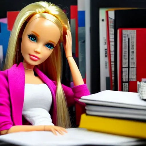 Image similar to a tired!!!!! and sad!!!!! looking barbie doll sits at a desk in her office. she is surrounded by towers!!!!!!!!!!!!! of loose papers!!!!!!!!!!!!!!. her head is resting on her hand, photorealistic,