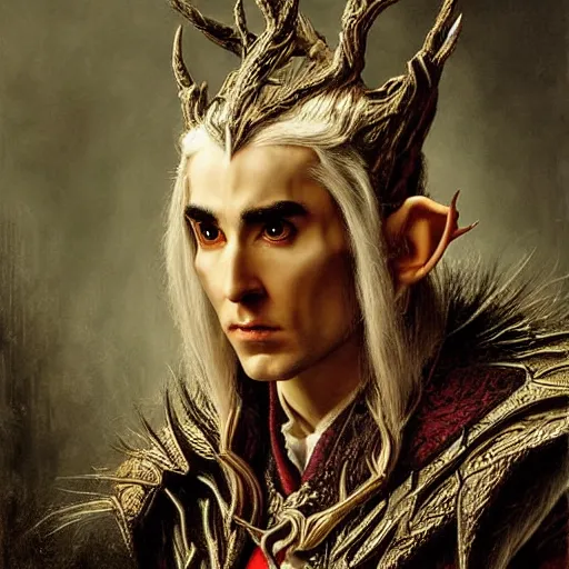 Image similar to a striking hyper real painting of Thranduil by Jan Matejko