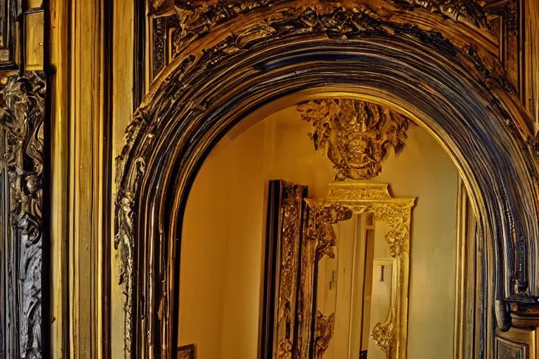 Image similar to a portal to new universe inside of an ornate door frame :: wide angle :: golden light :: rainbows :: vortex