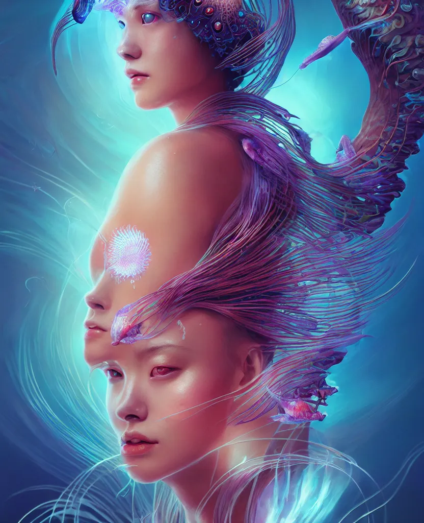 Image similar to goddess close-up portrait. jellyfish phoenix head, nautilus, orchid, skull, betta fish, bioluminiscent creatures, intricate artwork by Tooth Wu and wlop and beeple. octane render, trending on artstation, greg rutkowski very coherent symmetrical artwork. cinematic, hyper realism, high detail, octane render, 8k