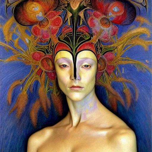 Image similar to masterpiece painting of a facemask made of stylized flowers, by annie swynnerton and jean delville and tino rodriguez and john watkiss, flower mask, art deco shaman, art brut, symbolist, dramatic lighting, god rays, elaborate geometric ornament, clean crisp graphics, soft cool colors, smooth, sharp focus, extremely detailed