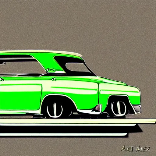 Image similar to lime green low rider by art fitzpatrick, detailed, golden ratio, symmetrical, shiny, gloss