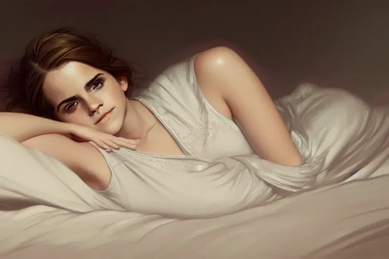 Prompt: Emma Watson lying on the bed in sleepwear, very beautiful face, night time, intricate, elegant, highly details, digital painting, 4k, HDR, artstation, concept art, smooth, sharp focus, illustration, art by Artgerm and Greg Rutkowski and Alphonse Mucha