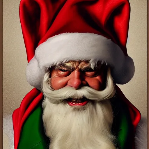 Image similar to frontal torso view of evil santa claus with cream colored cap and cream colored robe, red mouth, greenish cream colored background, fine art, award winning, intricate, elegant, sharp focus, cinematic lighting, digital painting, 8 k concept art, by michael hussar and greg manchess and brom and z. w. gu, 8 k