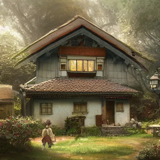 Image similar to concept art painting of an english european cottage with japanese architecture, in the woods, cozy, realistic, detailed, cel shaded, in the style of makoto shinkai and greg rutkowski and james gurney