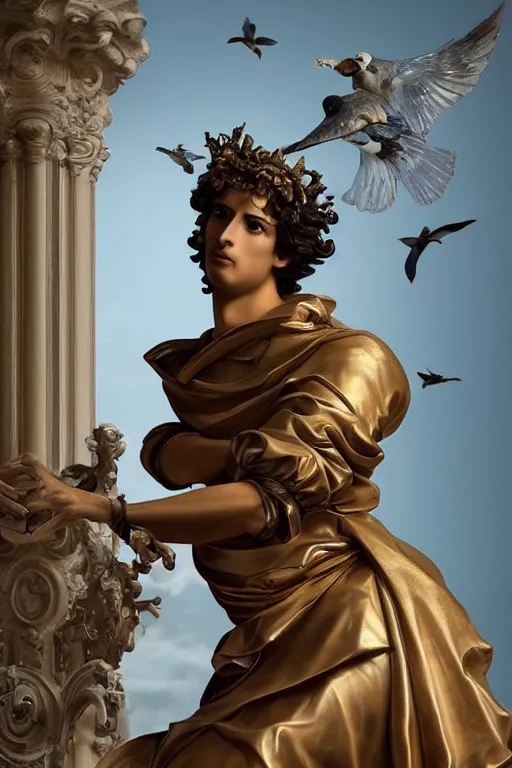 Image similar to a young handsome Spanish prince in a full-body bronze baroque statue floating in midair with his arms arched back, crown of peach roses, opening in his chest with a glowing blue battery. full-length view. baroque element. intricate artwork by caravaggio. many many birds birds on background. Trending on artstation, octane render, cinematic lighting from the right, hyper realism, octane render, 8k, depth of field, 3D