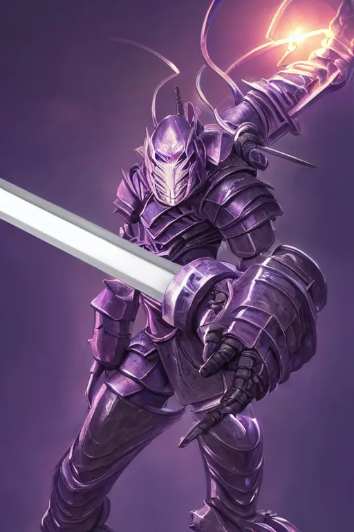 Image similar to fierce robot knight holdin magical sword, purple energy, highly detailed, d & d, fantasy, highly detailed, digital painting, trending on artstation, concept art, sharp focus, illustration, global illumination, ray tracing, realistic shaded, art by artgerm and greg rutkowski and fuji choko and viktoria gavrilenko and hoang lap