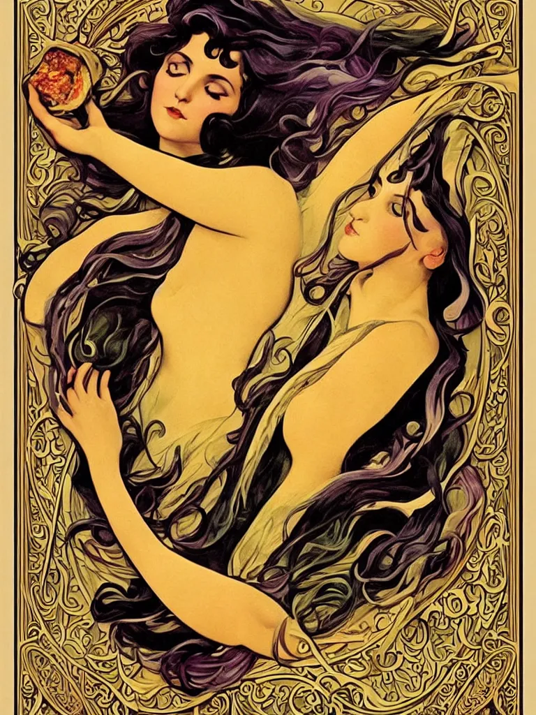 Prompt: Beautiful art nouveau advertisement for the ultimate everything burrito. Detailed advertisement for a delicious everything burrito by Victor Horta. This burrito will change your life. Sultry, youthful, extreme beauty. Beautifully detailed poster art advertisement.