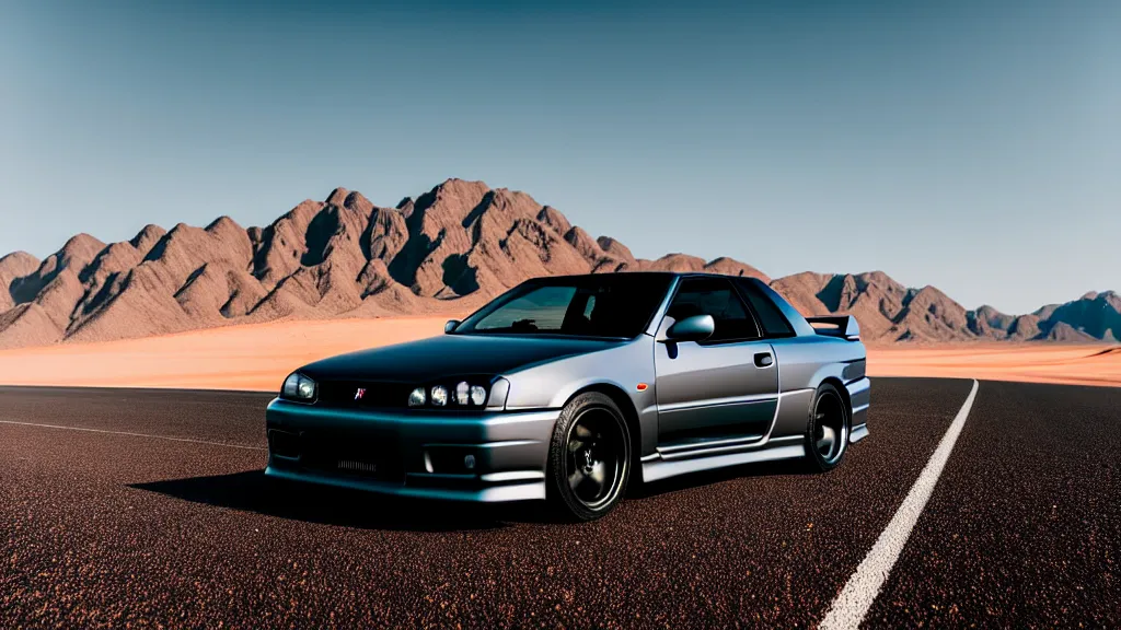 Image similar to three quarter front photo of a stock dark grey nissan r 3 2 skyline gtr on a road in a desert with a mountain in the background in the early morning, car photography, depth of field, zoom lens, blue hour, photorealistic