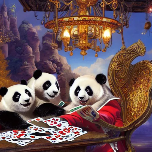 Image similar to panda bears playing cards, realistic, regal, refined, detailed digital art, michael cheval, walt disney ( 1 9 3 7 ), francois boucher, oil painting, steampunk, highly detailed, cinematic lighting, unreal engine, 8 k