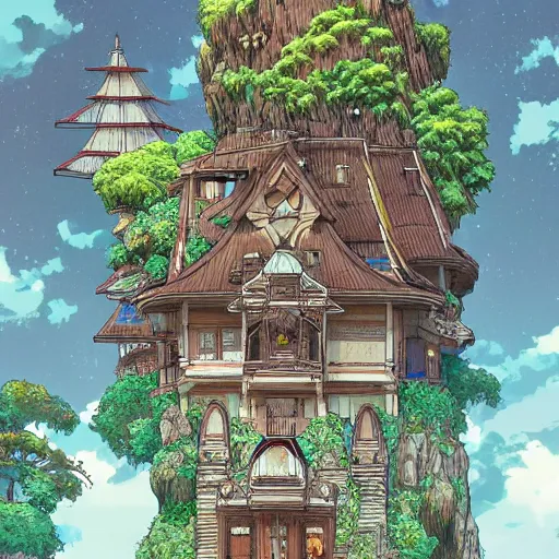 Image similar to stylized concept art of beautiful parametric villa anime style by katsuya terada and artstationtrending and pixv and princess mononoke olmec ghibli