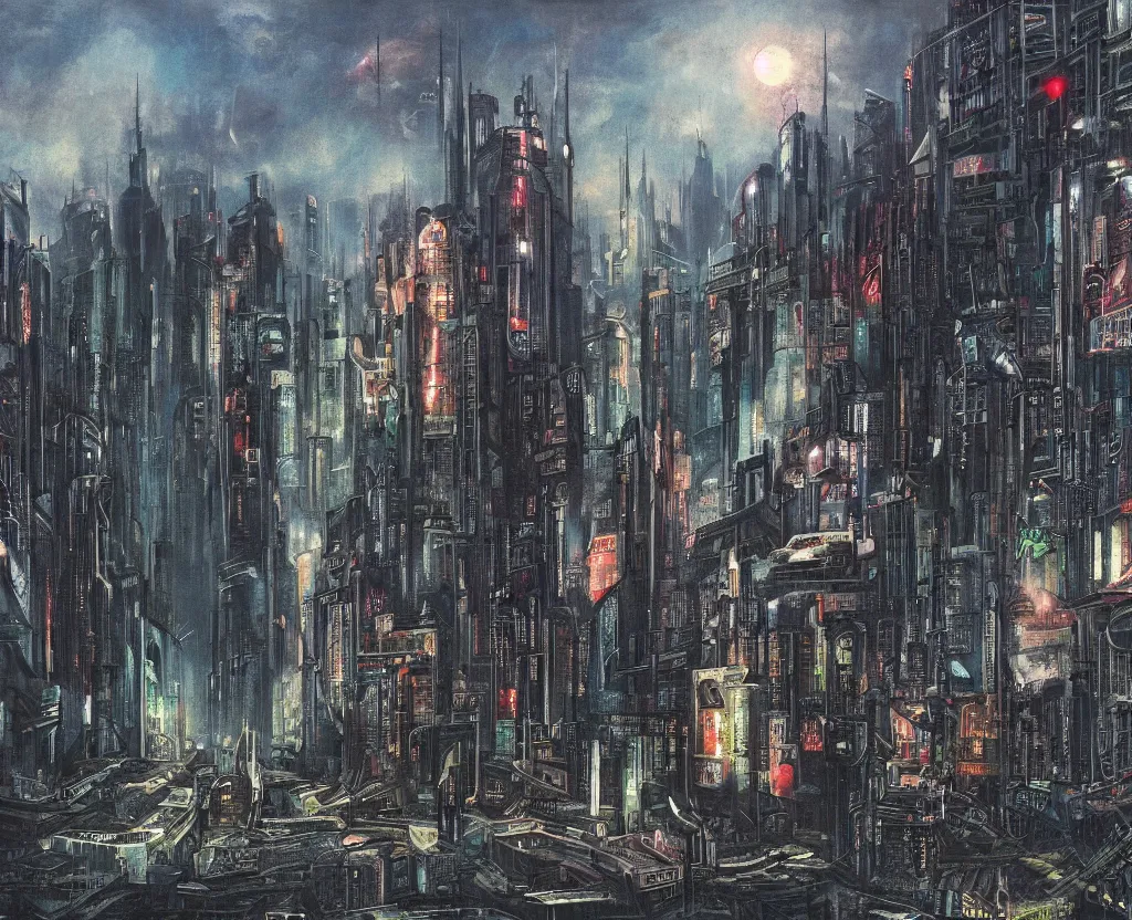 Image similar to a Dystopian gothic surrealism painting of a cyberpunk megalopolis