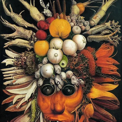 Image similar to album cover, new age, black, white, orange, psychedelic, giuseppe arcimboldo