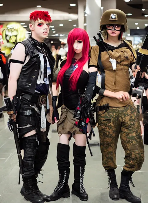 Prompt: hot topic anime convention, military fashion cosplay