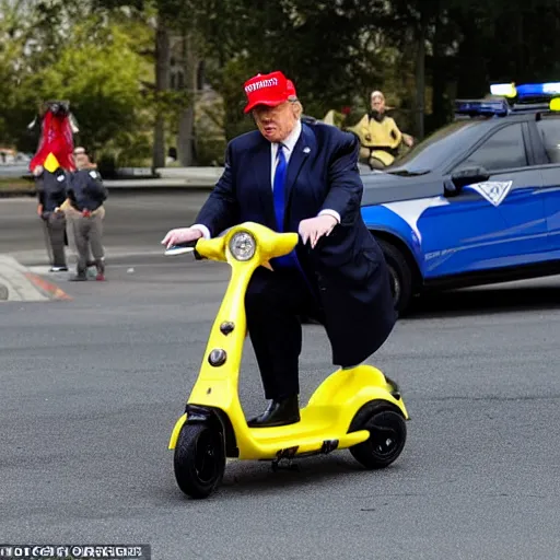 Image similar to donald trump riding a toy scooter away from police cars