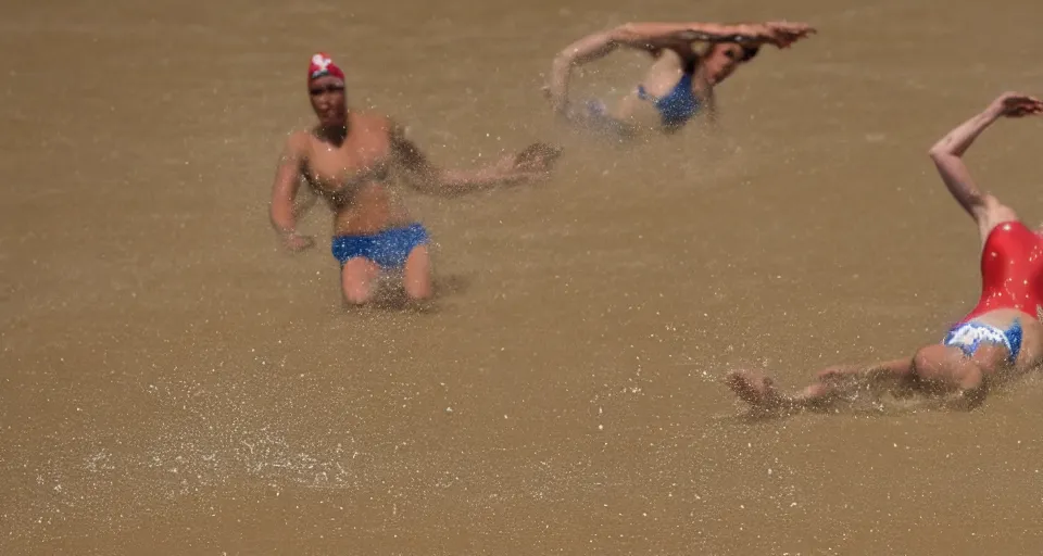 Image similar to olympic swimming in sand instead of water, extremely coherent, motion blur