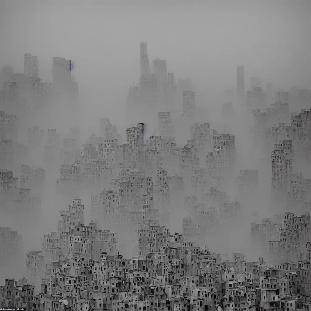 Image similar to towers made up of densely stacked makeshift squatter shacks with pastel colours suspended over a quagmire, plain uniform sky at the back, misty, mamiya, ultra sharp, very detailed, photographed by man ray