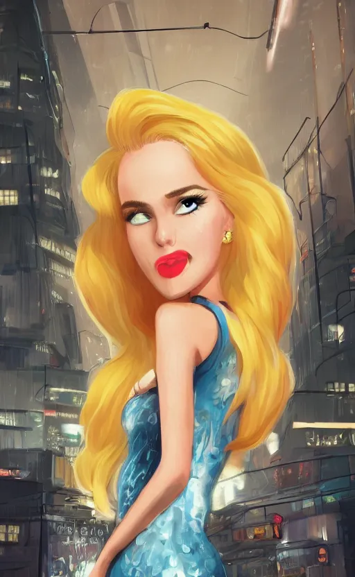 Prompt: a cartoonish portrait of a beautiful blonde woman wearing a cocktail dress, with long hair, in a futuristic blade runner city, illustration art by Sam Yang, Pixar, trending on Artstation, 8K