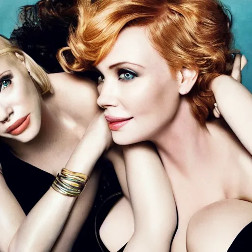 Image similar to portrait of christina hendricks and charlize theron and gal gadot hybrid by mario testino, 3 / 4 view, detailed, award winning, sony a 7 r