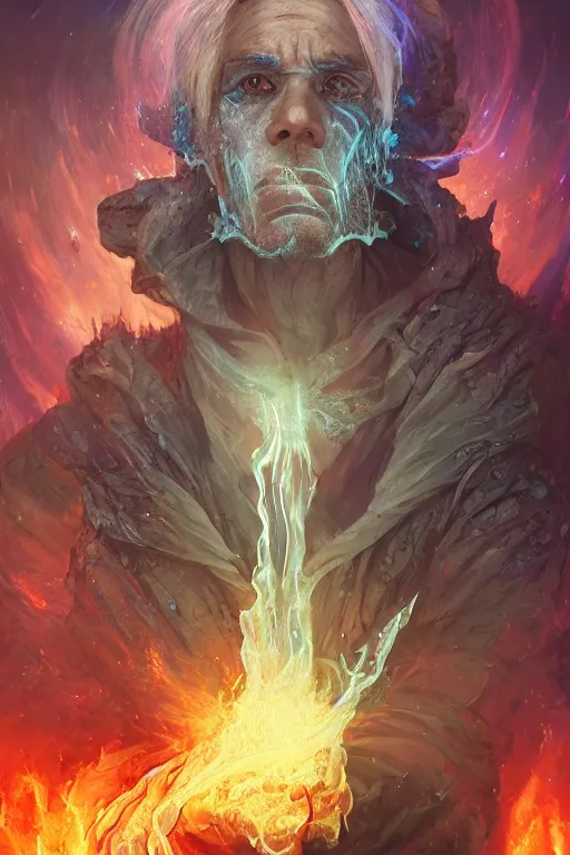 Image similar to the look of an elderly person, necromancer, witch - doctor covered with ice exploding into fire, imperfections, holding electricity highly detailed, high contrast, light reflection, trippy, nebula, trending on artstation by artgem, by peter mohrbacher, by wlop, by ruan jia