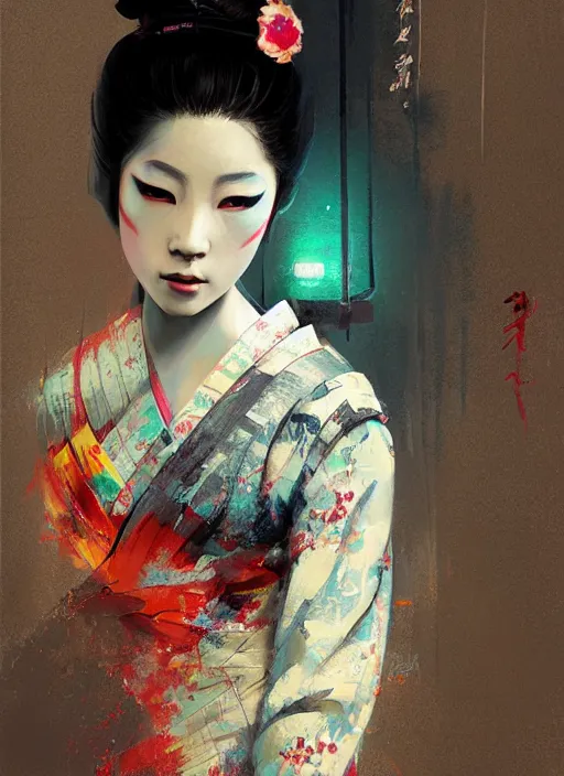 Image similar to female geisha girl, beautiful face, rule of thirds, intricate outfit, spotlight, colourful, by greg rutkowski, by jeremy mann, digital painting