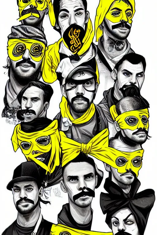 Prompt: saints street gang wear yellow bandanas, and some of them have thick mustaches, full body portrait, artgrem, illustration, concept art, pop art style, dynamic comparison, fantasy, bioshock art style, gta chinatowon art style, hyper realistic, face and body features, without duplication noise, hyperdetails, differentiation, sharp focus, intricate