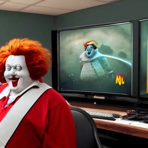 Image similar to obese Ronald Mcdonald wearing a headset yelling at his monitor while playing WoW highly detailed wide angle lens 10:9 aspect ration award winning photography by David Lynch esoteric erasure head